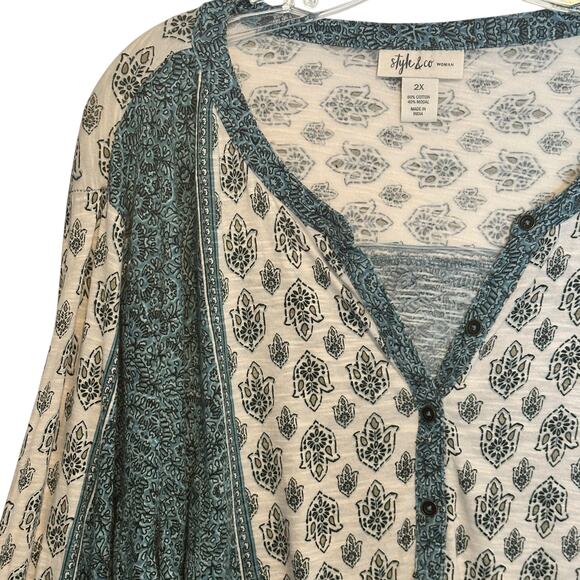 Style & Co Henley Top Womens Size 2X Teal Woodcut Mixed Print Boho Knit Tee - Picture 3 of 8